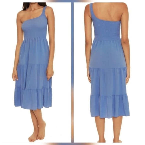 BECCA Dresses & Skirts - Becca by Rebecca Virtue Ponza Smocked One Shoulder Crinkle Dress Mist Blue